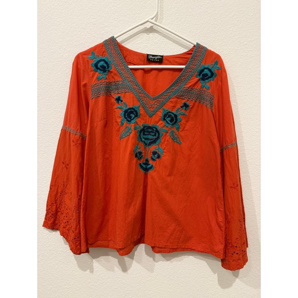 Wrangler Retro Tops - Wrangler Retro Orange and Blue‎ Embroidered Bell Sleeve Blouse Top S Western